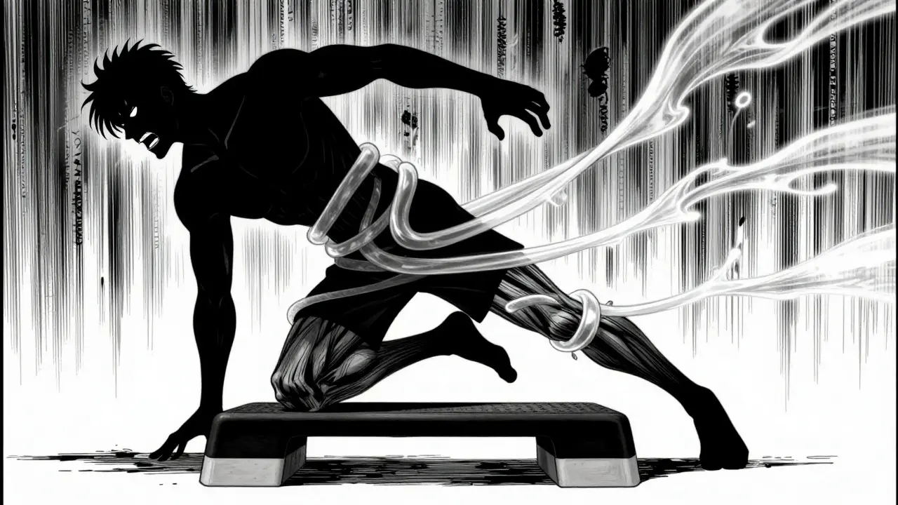 Horror manga panel of athlete doing painful eccentric heel drops