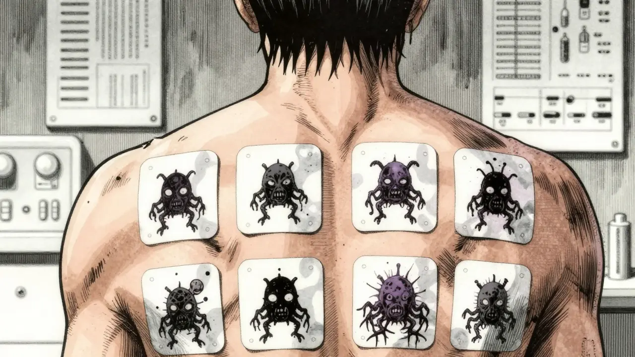 Patient's back with patch tests revealing monstrous allergen entities underneath