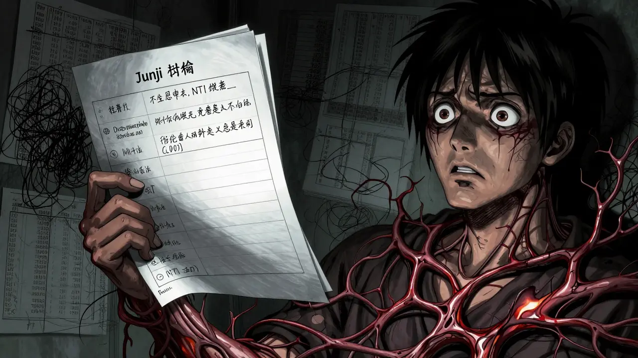 Patient entangled by vein-like medication logs in horror style