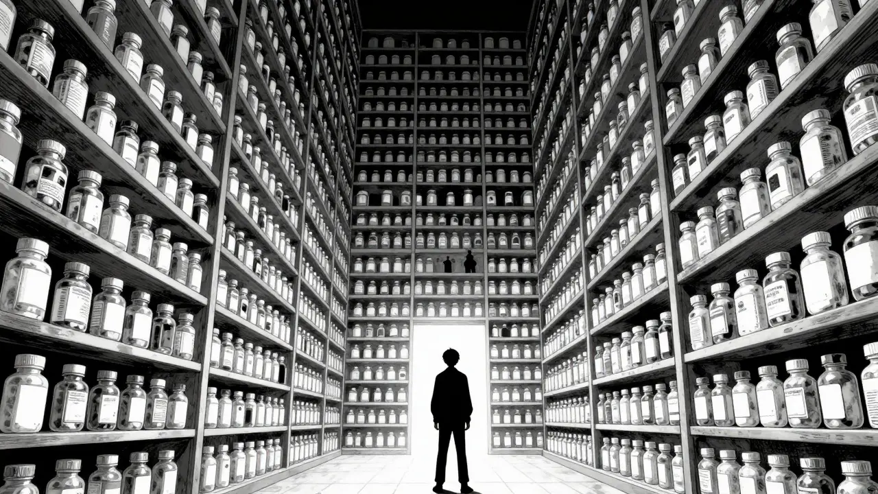 Person facing infinite, menacing pharmacy shelves in manga style