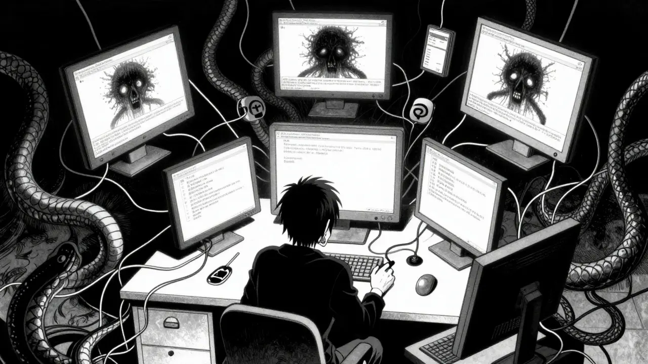 Person overwhelmed by snake-like cables and screens in Junji Ito style