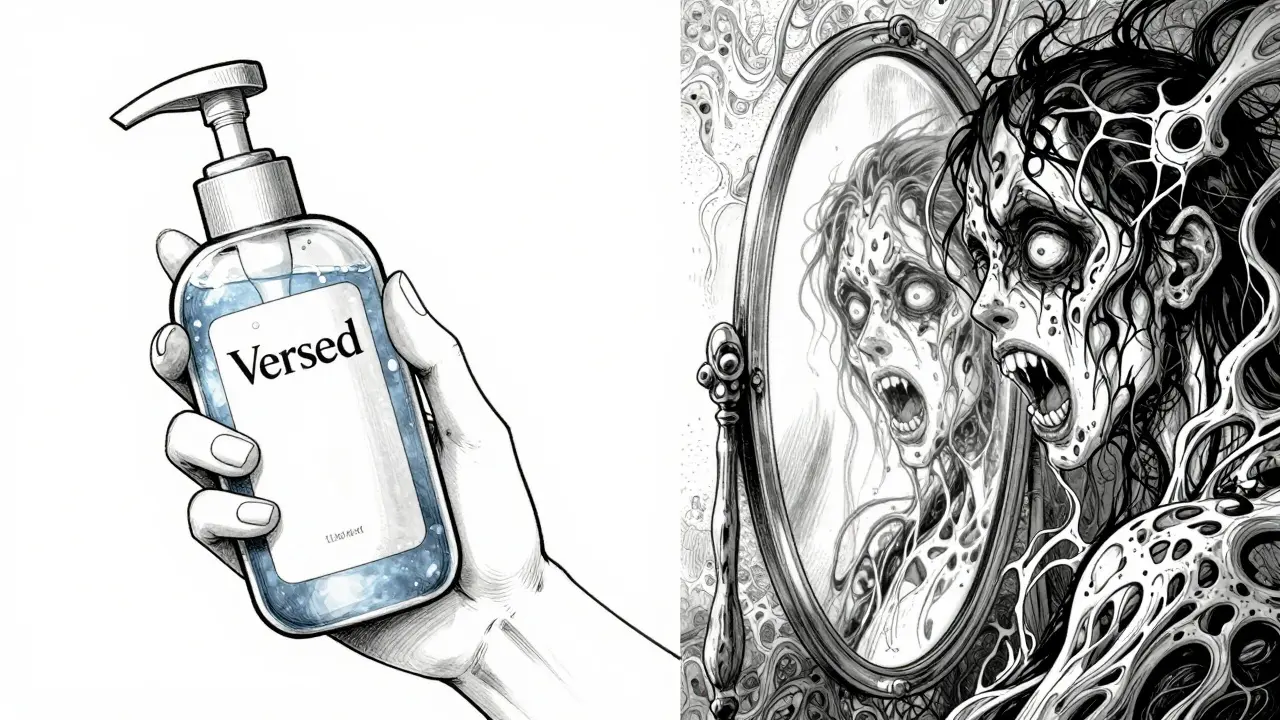 Split image: clean skincare vs grotesque mirror reflection