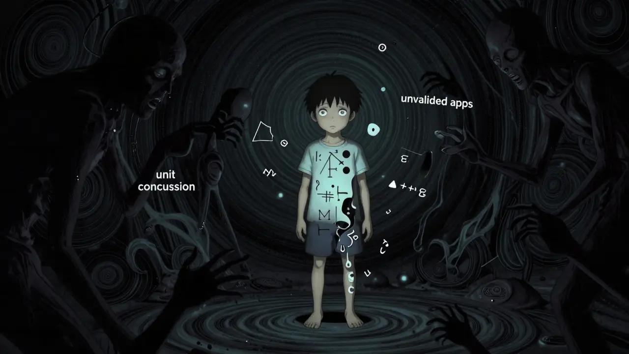 Surreal Junji Ito style image depicting the dangers of pediatric medication errors and unit confusion.