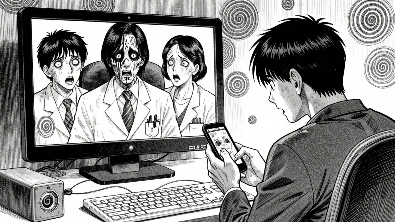 This manga panel illustrates the anxiety of online healthcare. A doctor's face on a video call appears unnaturally distorted and menacing, while the patient stares at their device, surrounded by oppressive, spiraling darkness typical of Junji Ito's work.