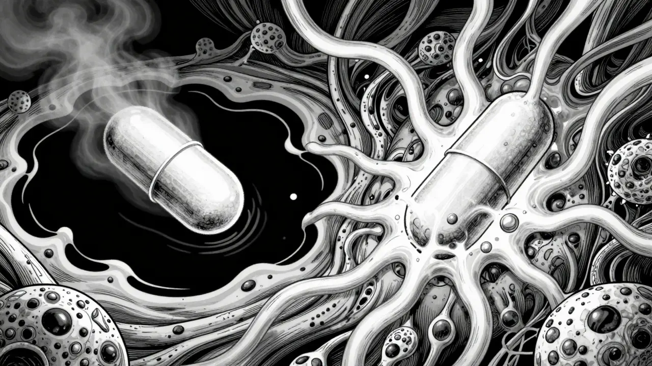 Black and white anime illustration of drugs interacting with digestive fluids.