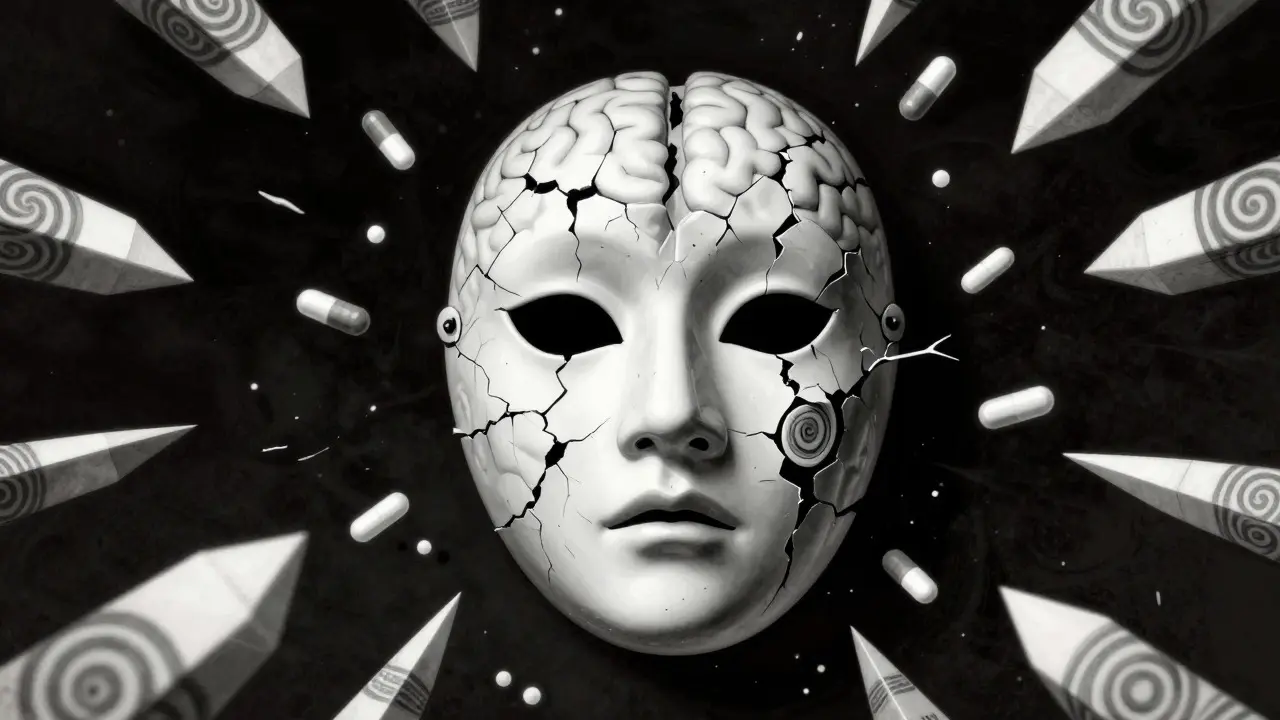 Cracked porcelain brain mask surrounded by colliding medication shapes