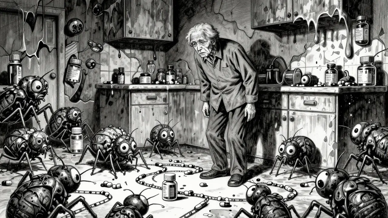 Elderly person trapped by insect-like pill bottles in a kitchen