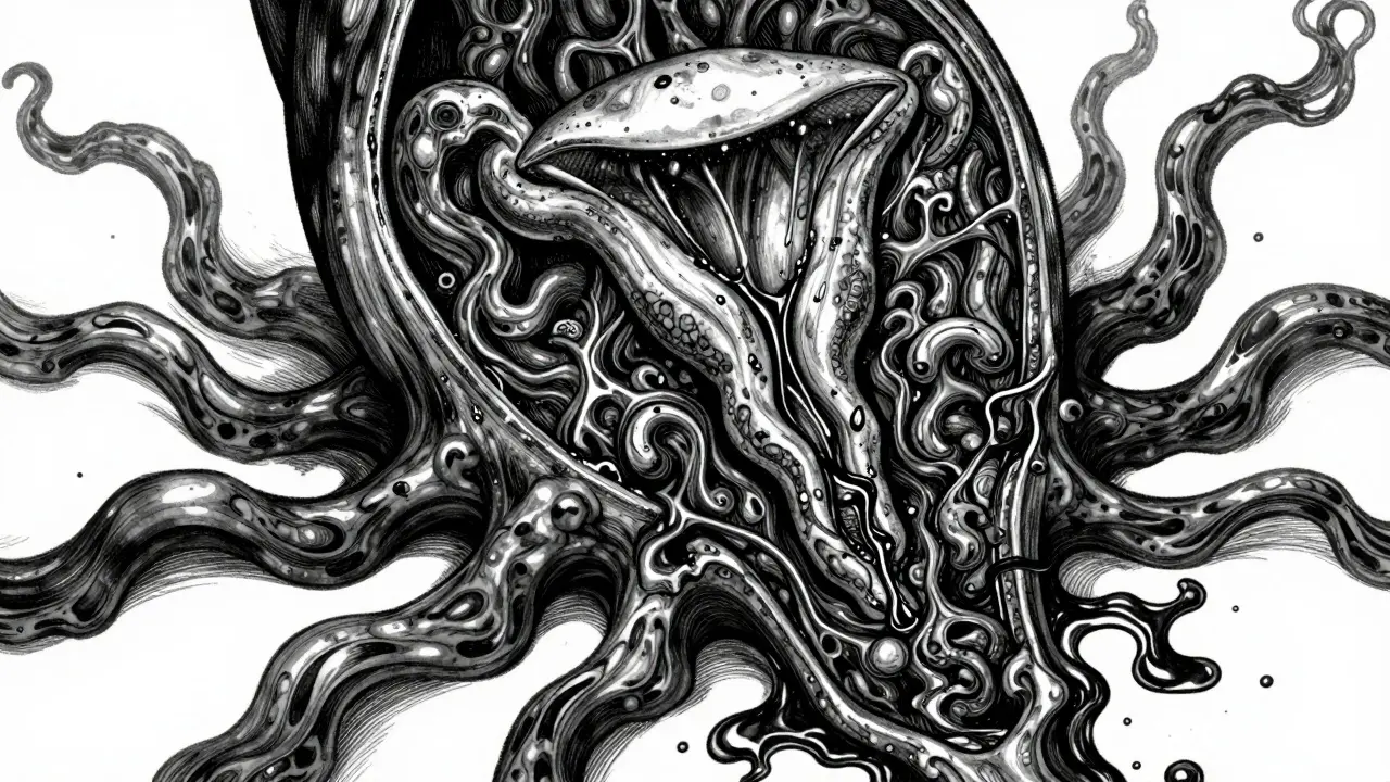 Grotesque anime illustration of internal bleeding and disrupted clotting