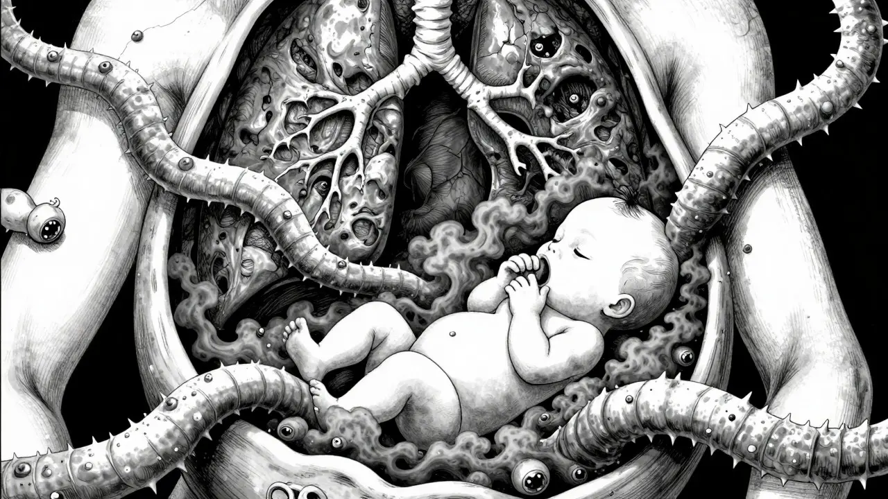 Grotesque smoke tendrils choking a fetus inside a womb