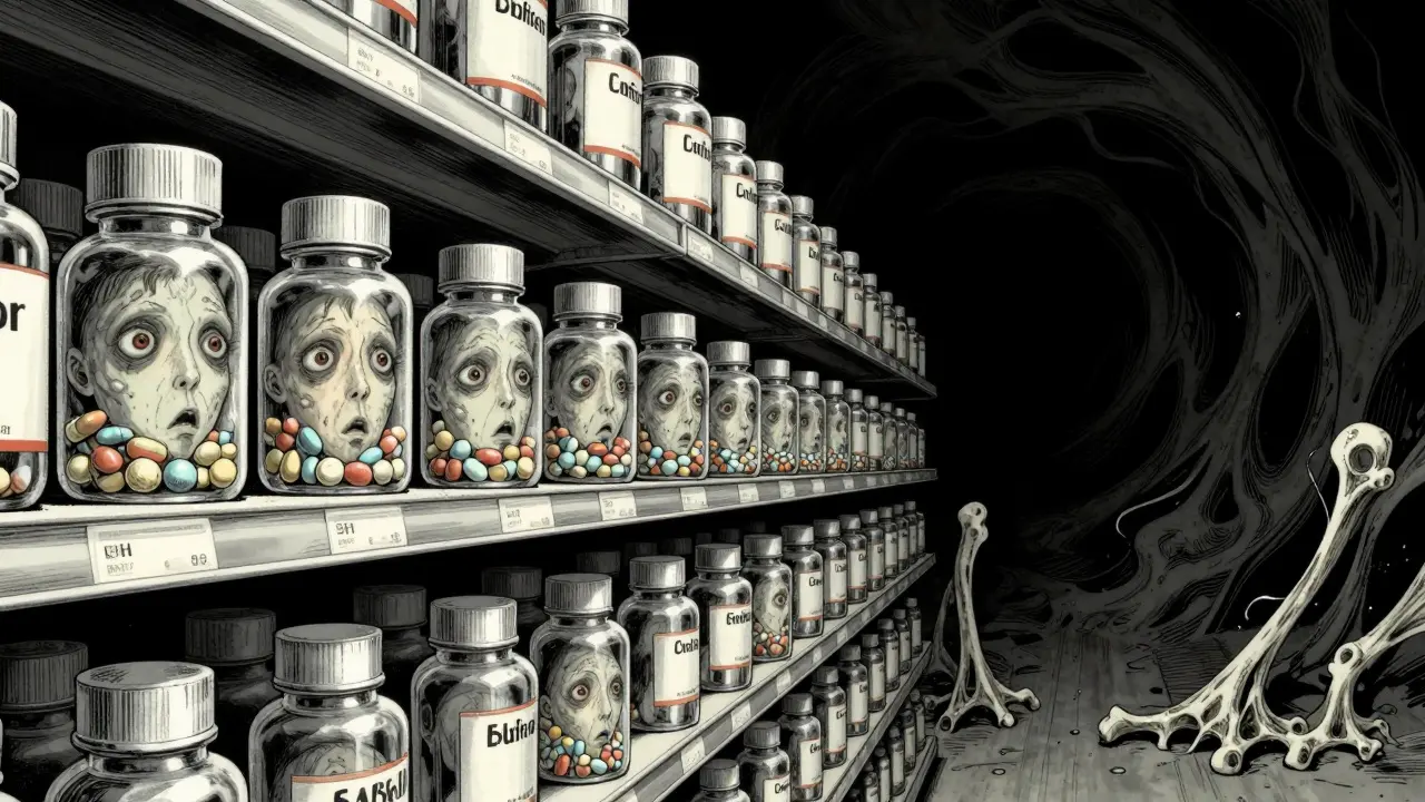Horror art: drug bottles containing terrified faces on shelf