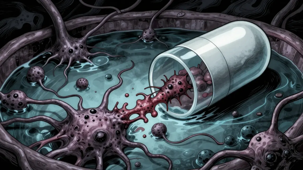 Horror illustration of dissolving pill releasing chaotic biological forms