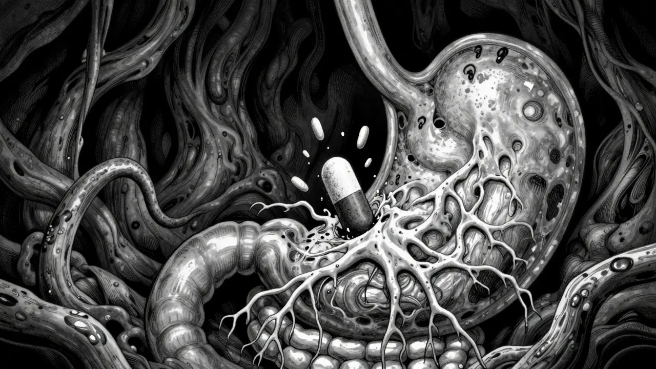 Horror manga art showing a pill trapped in a bloated, food-filled stomach.