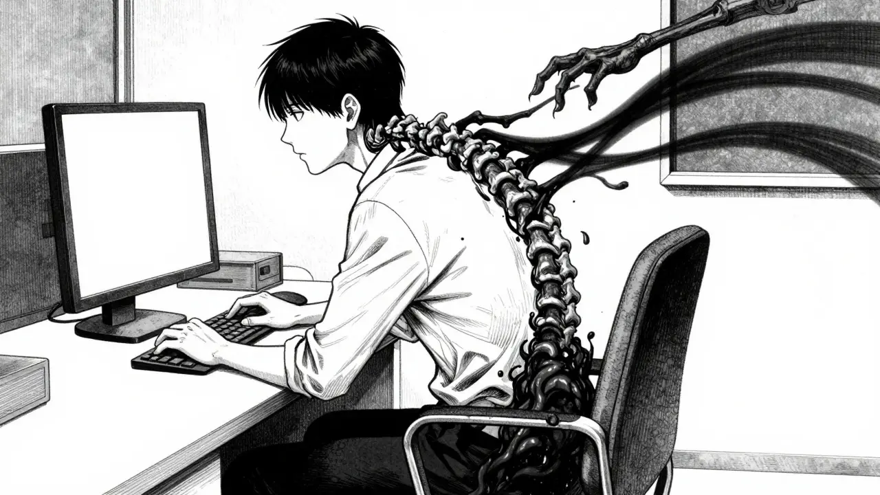 Horror manga panel of office worker with distorted spine
