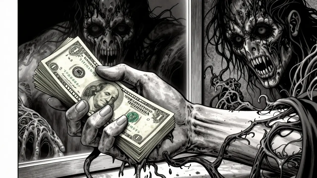 Horror manga style image of money turning into parasites on a patient's arm