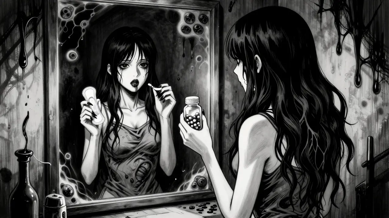 Horror manga style woman facing difficult choices about blood thinner meds