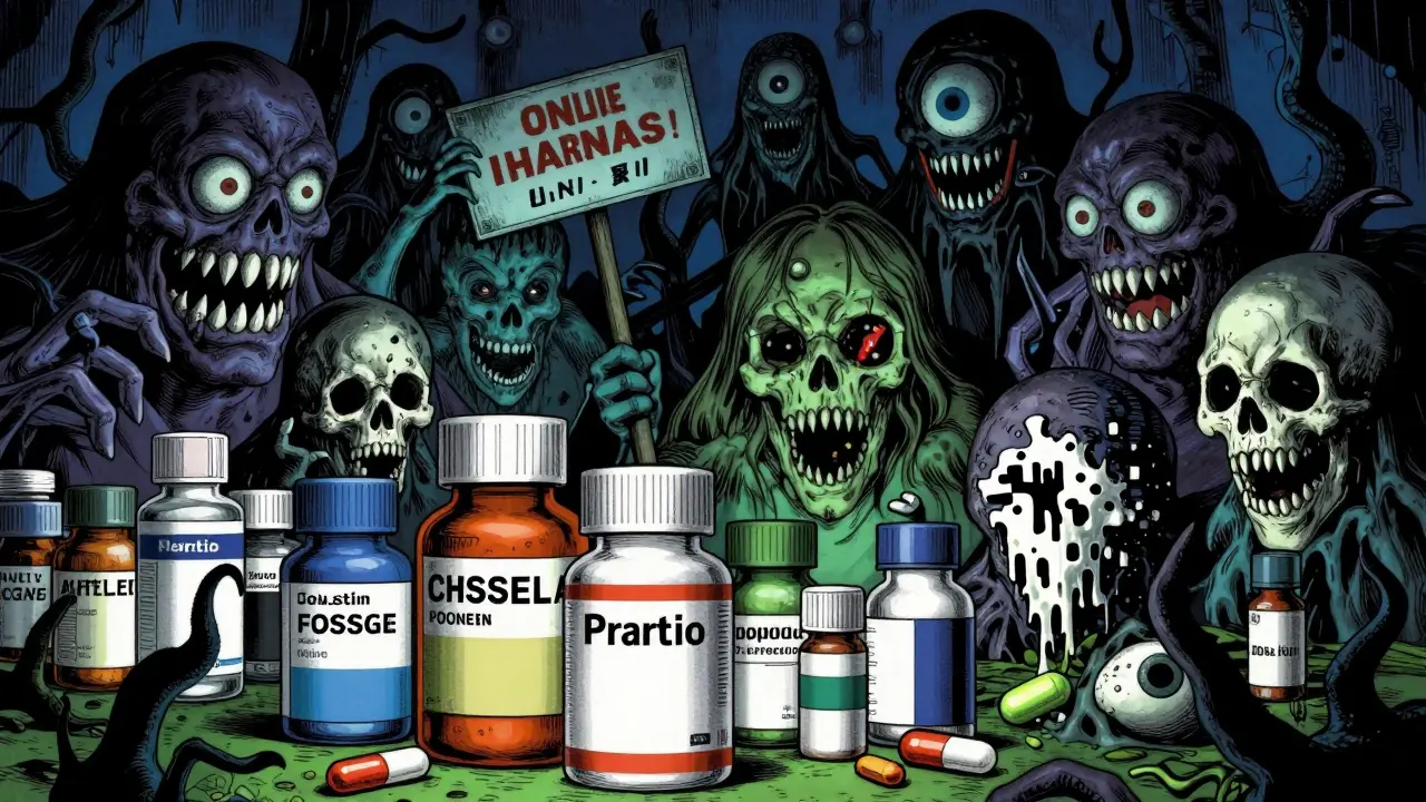 Horror style depiction of dangerous online pharmacy scams as monstrous entities