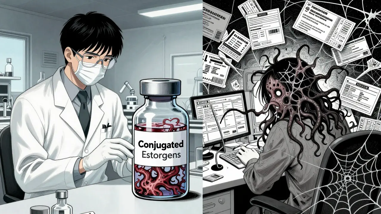 Junji Ito style illustration of dangerous pharmaceuticals and confusing coupons