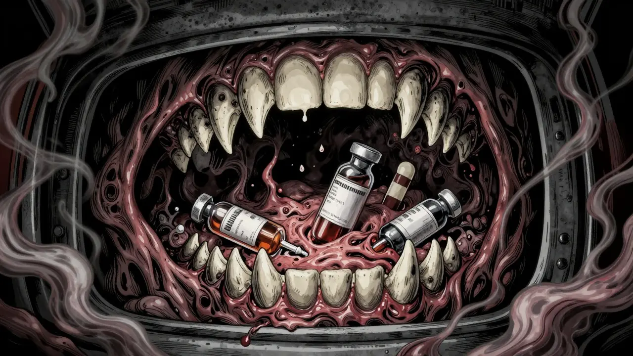 Junji Ito style: Medicine melts inside a monster-mouth car glove box, showing heat damage.