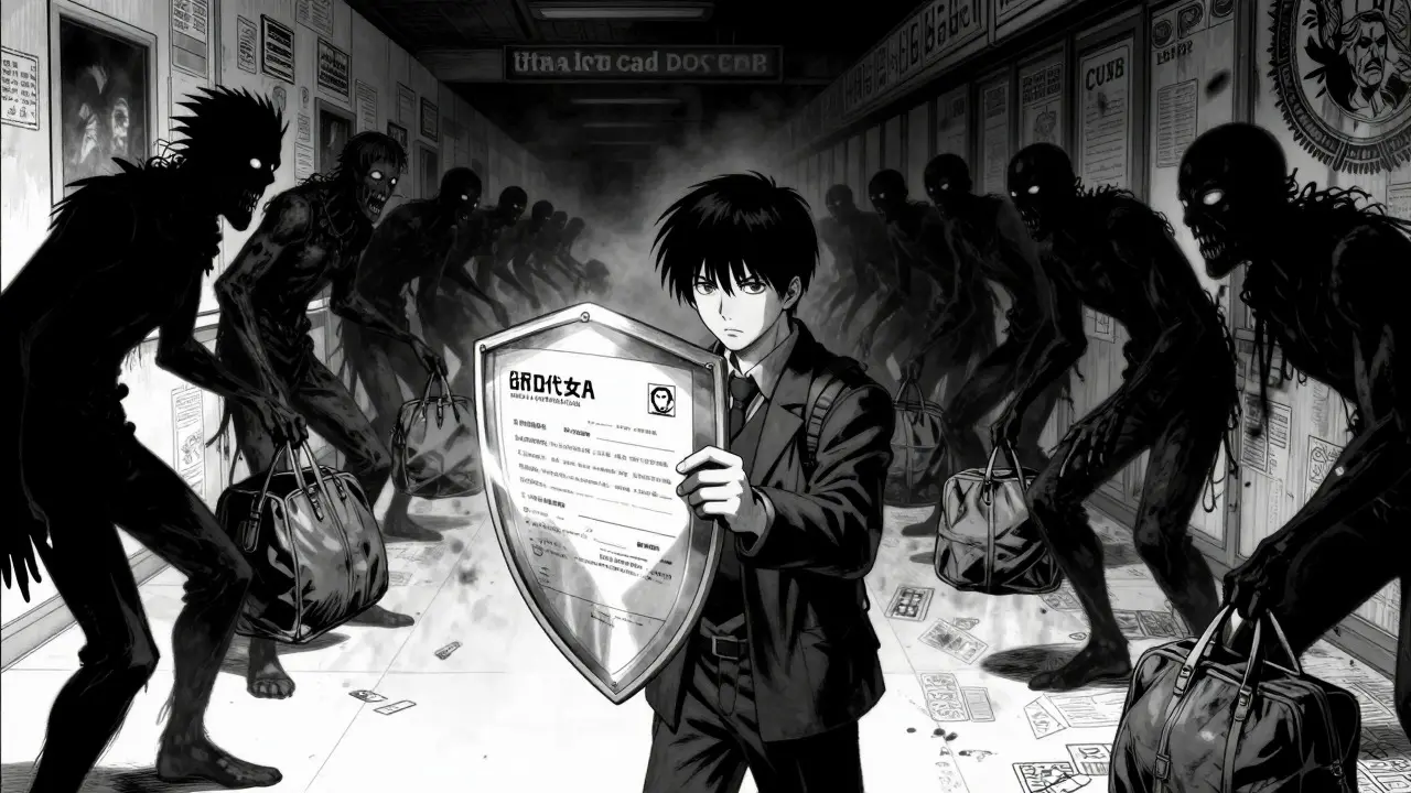 Manga horror: Traveler fights shadow demons at customs using a doctor's note as a shield.