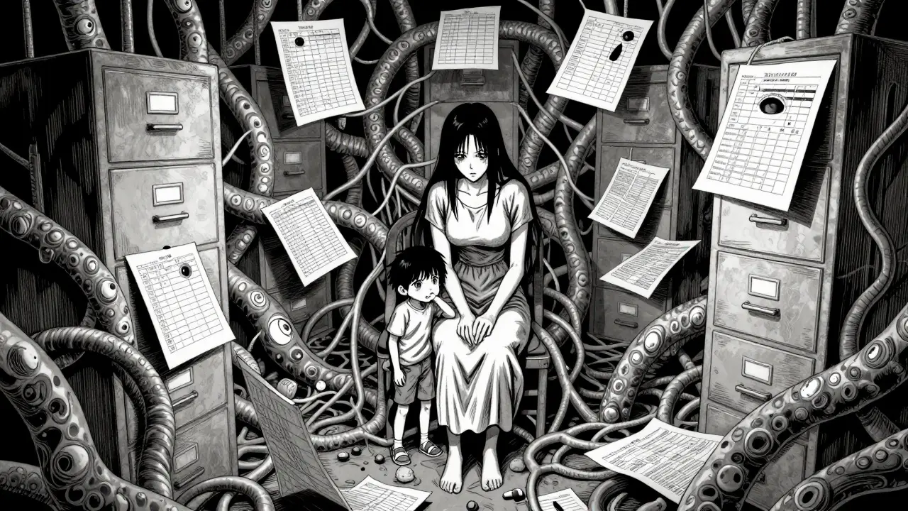 Mother and child trapped in fleshy tube cage connected to watching medical files, surreal horror art.