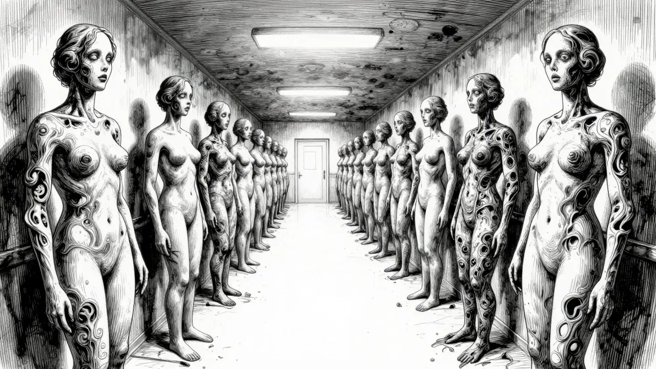 Nightmarish row of malformed figures in endless hospital corridor, distorted perspective, black and white manga.