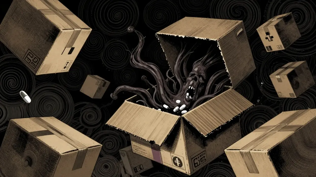 Ominous floating boxes with shadowy tendrils representing fake drugs
