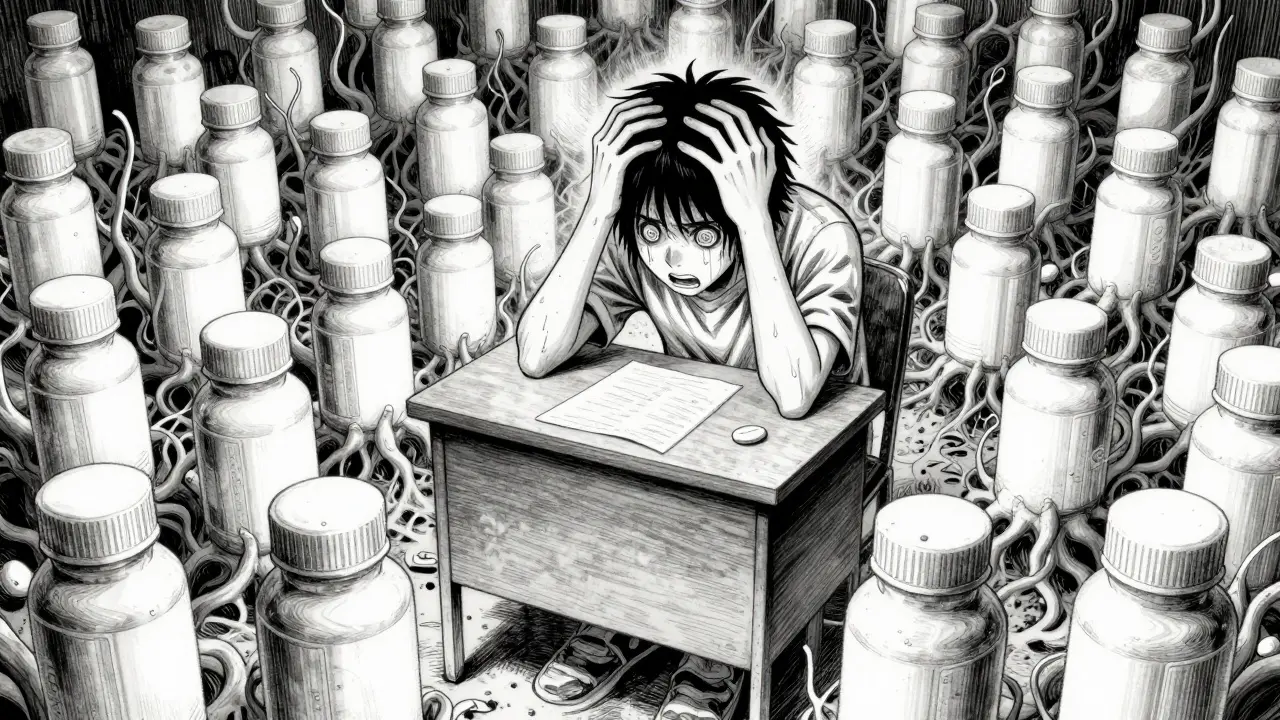 Person in pain surrounded by organic growth of pill bottles