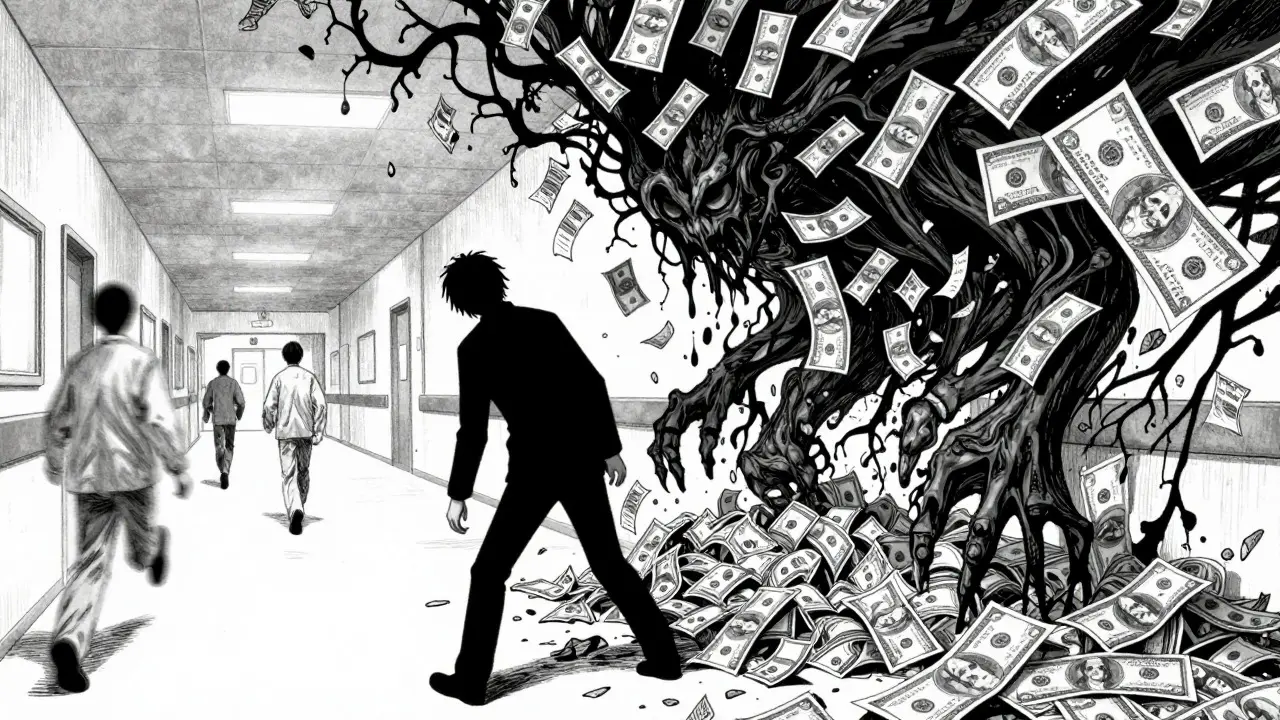 Silhouette dissolving into money monster in a hospital hallway