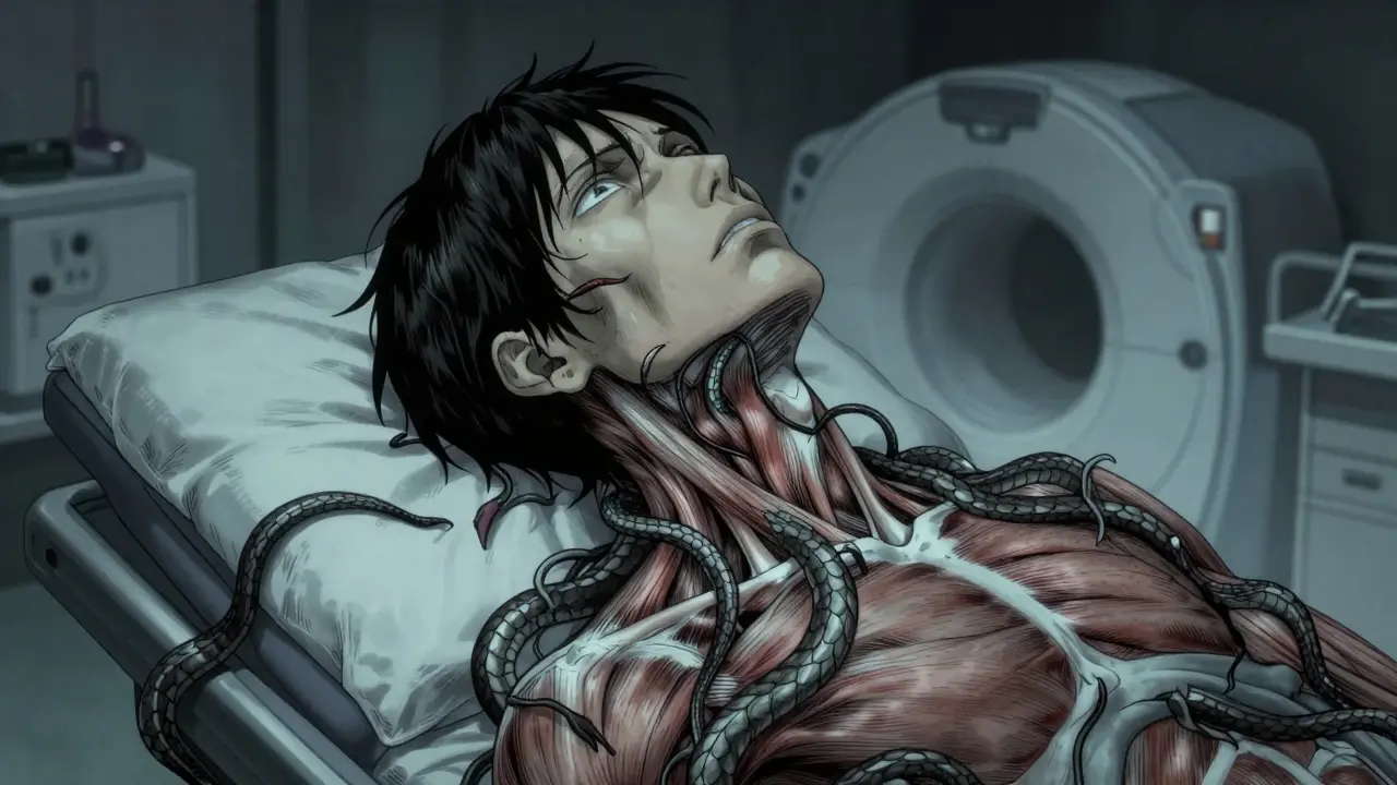 Surreal anime art of neck muscles untangling during rehab