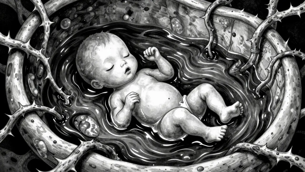 Surreal manga art of compressed fetus in dark, thick amniotic fluid