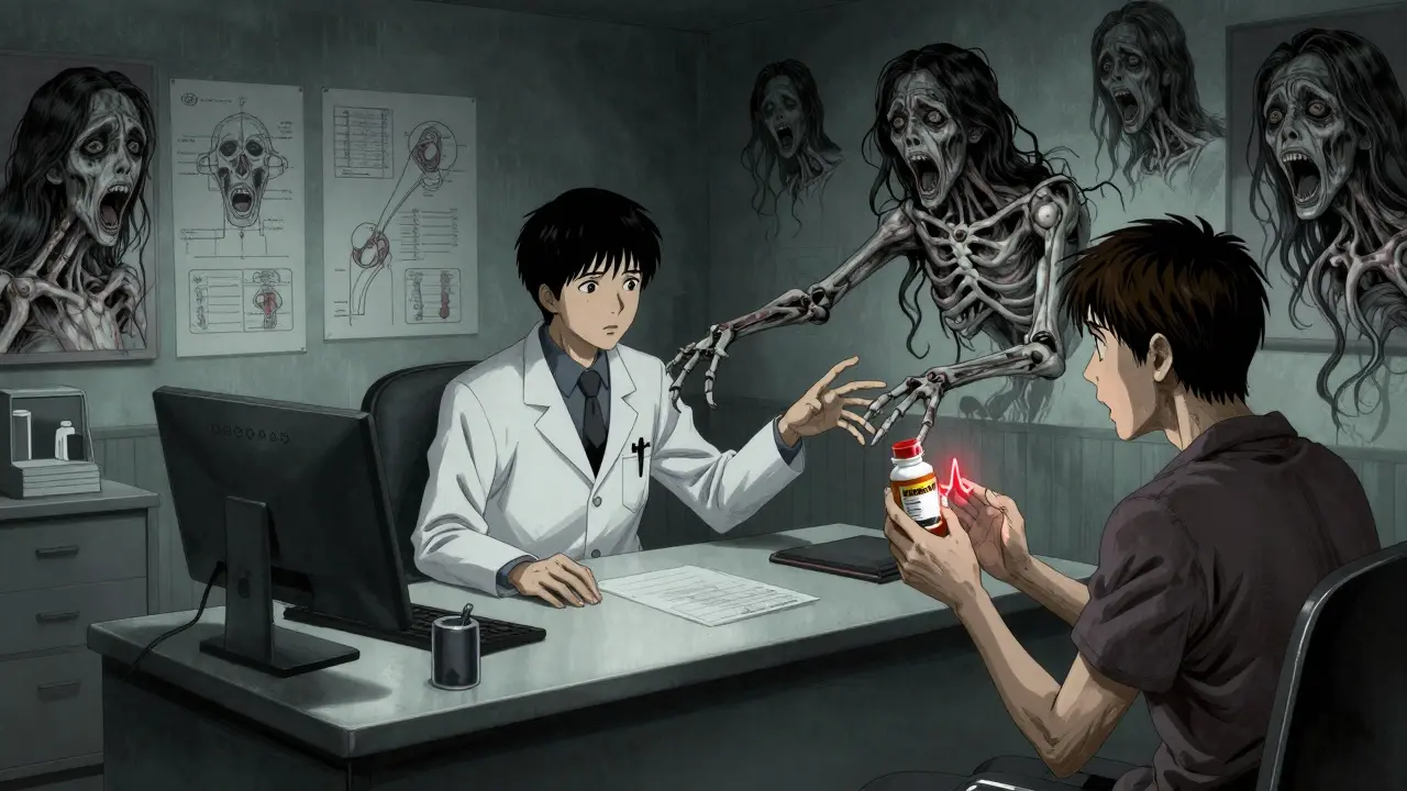 Surreal nightmare scene of a doctor examining a patient with twisted anatomy