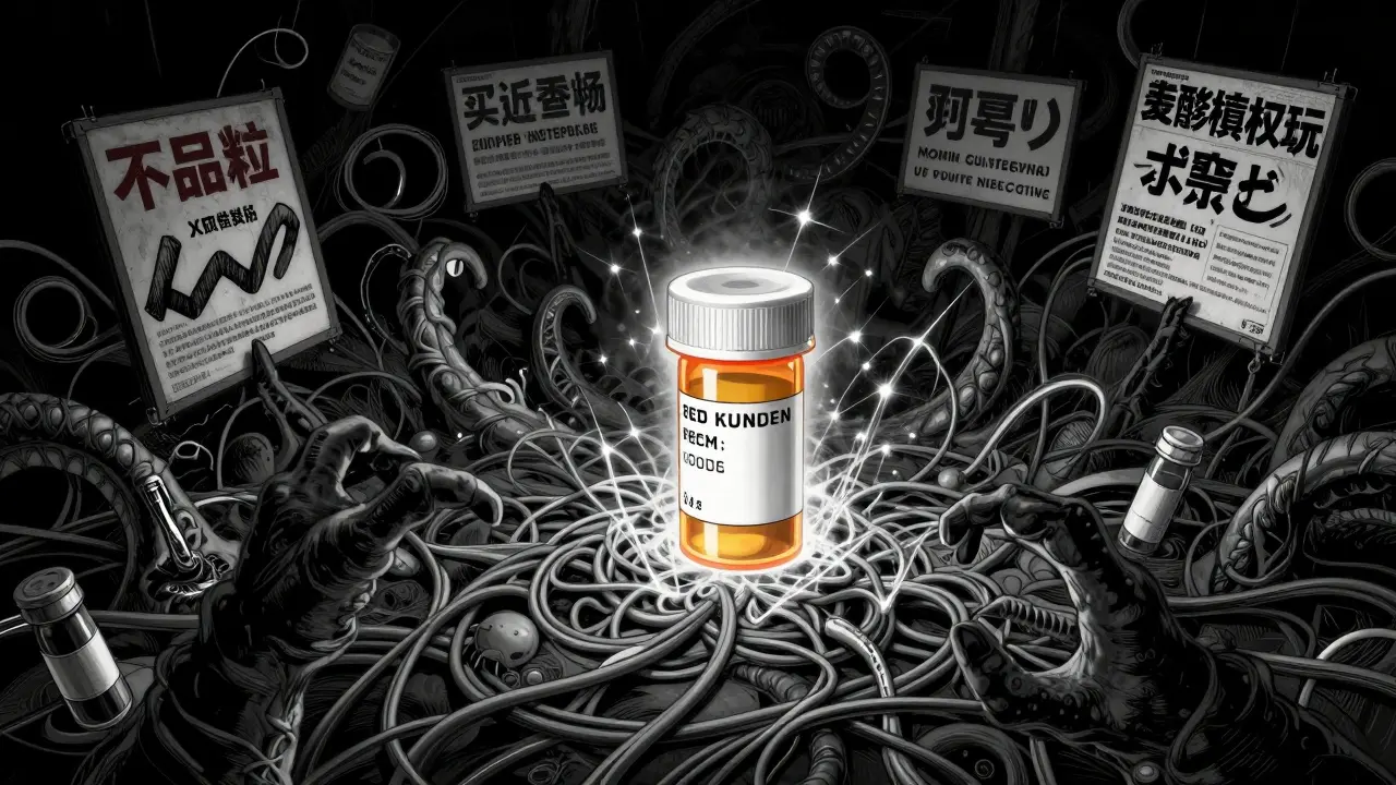 Twisted cables forming fake pharmacy ads surrounding a safe pill bottle