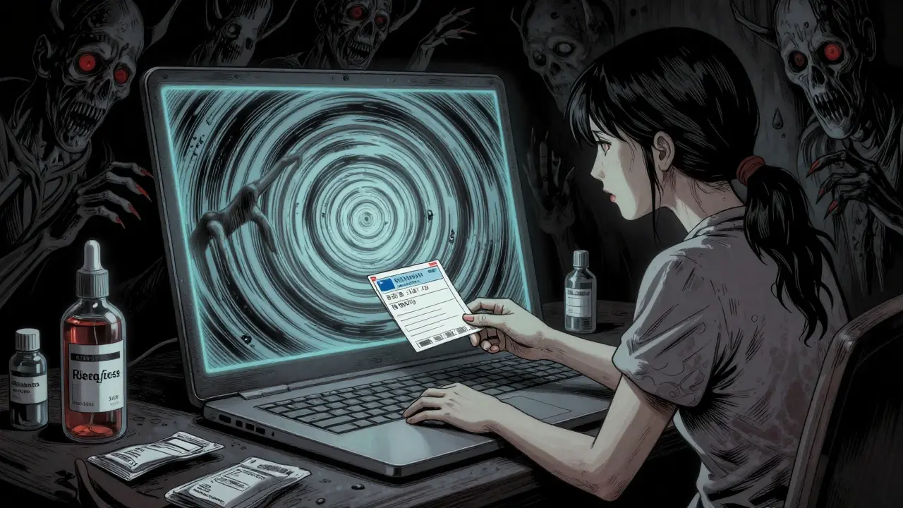 Woman consulting laptop with hypnotic spiral and shadowy figures