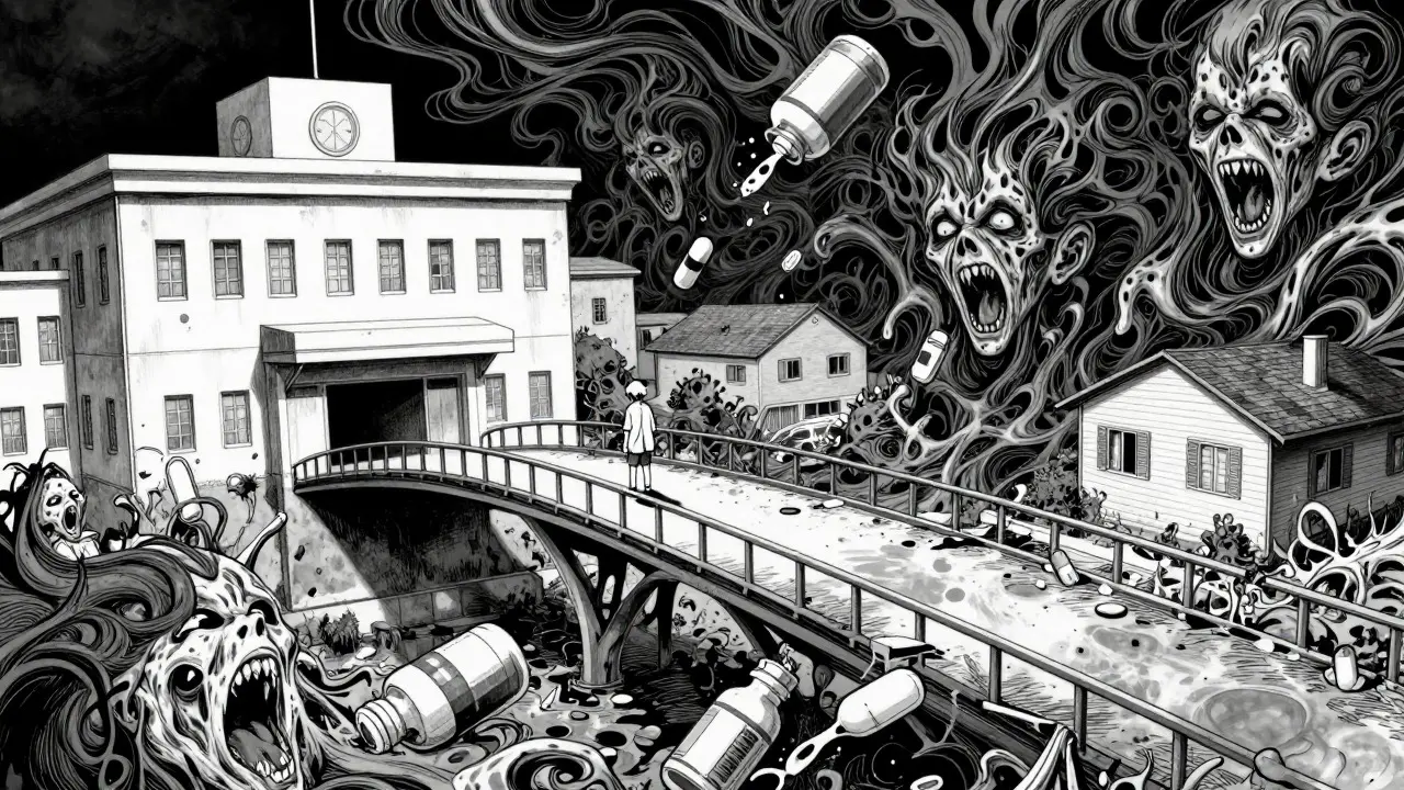 Anime horror: Patient crossing dissolving bridge between hospital and home