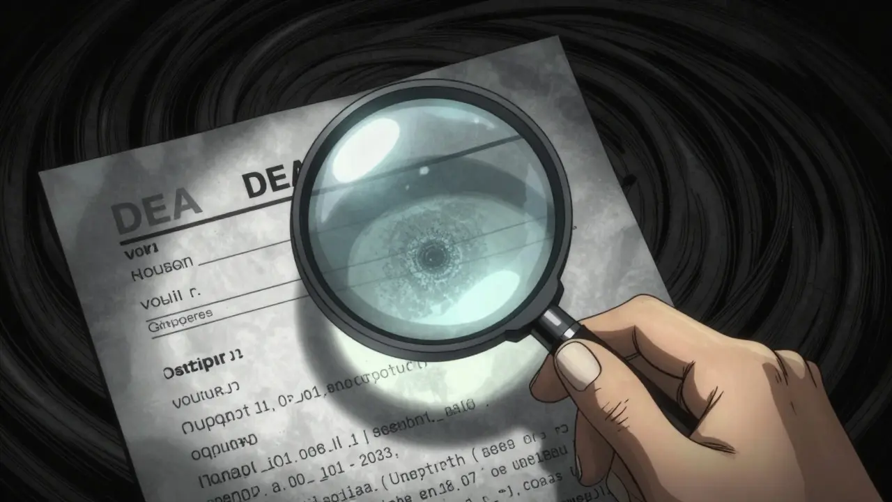 Close-up of a hand using a magnifying glass to inspect a prescription for microprint
