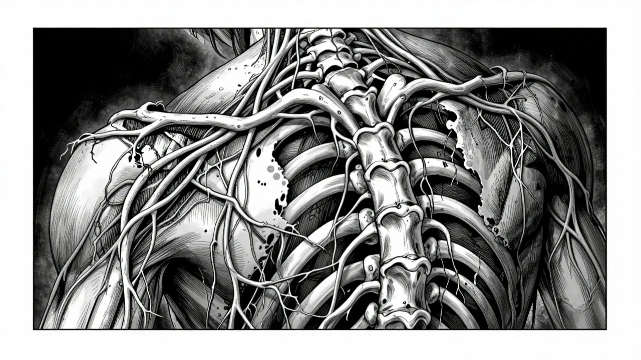 Decaying nerve roots illustrated in Junji Ito style representing B12 deficiency
