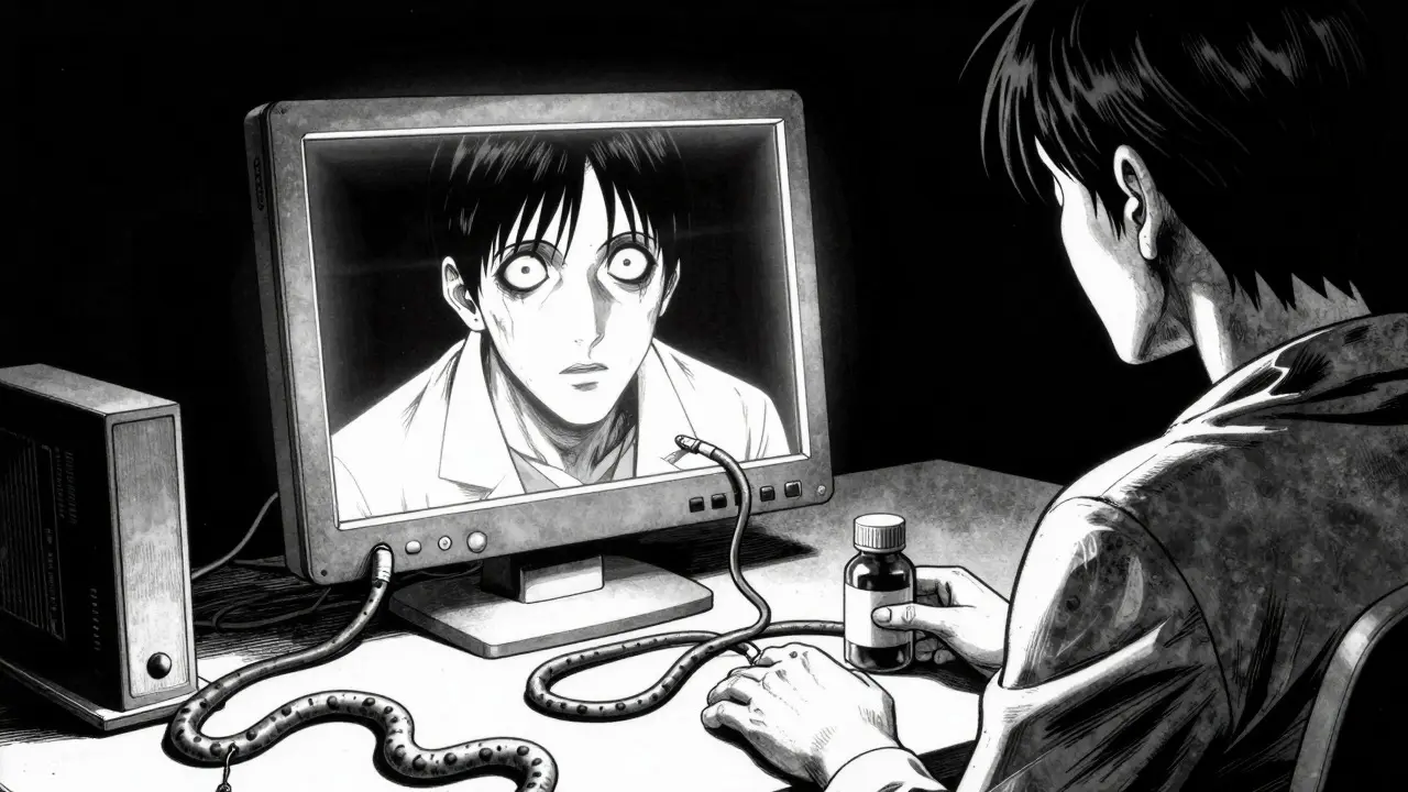 Distorted doctor face on computer screen