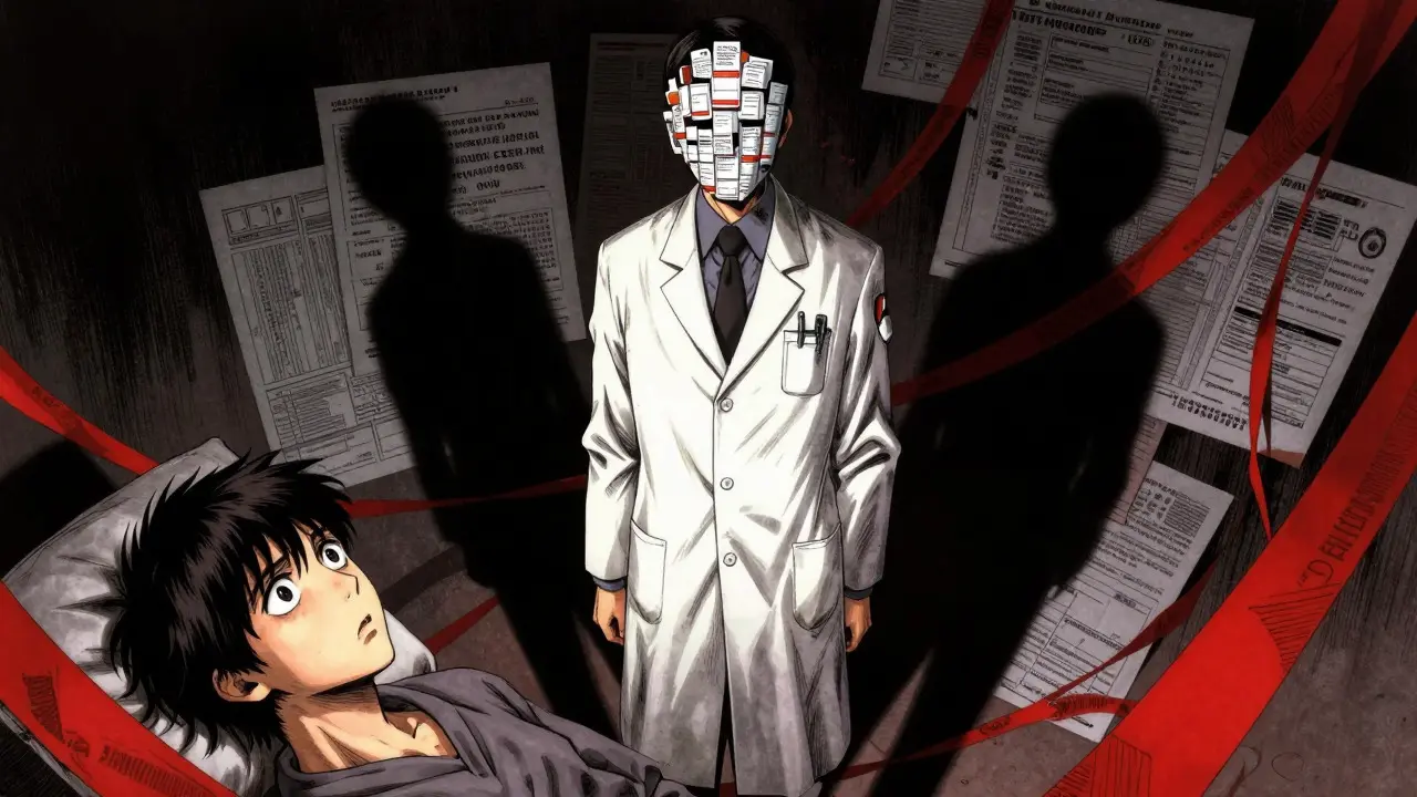 Doctor with label mask facing fearful patient in Junji Ito style