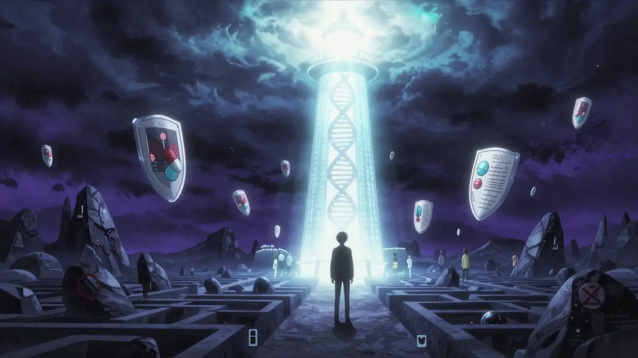 Futuristic lighthouse made of DNA guiding patients through a storm