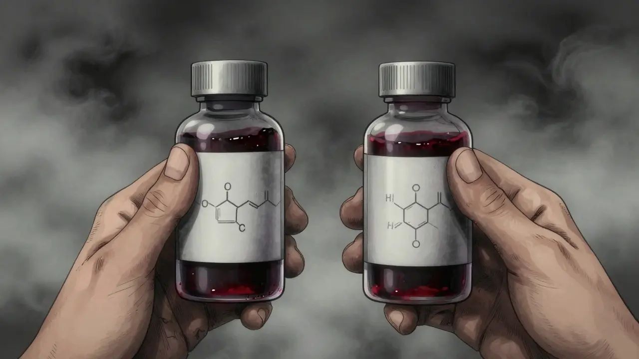 Hands holding two medicine bottles with identical contents in a surreal setting