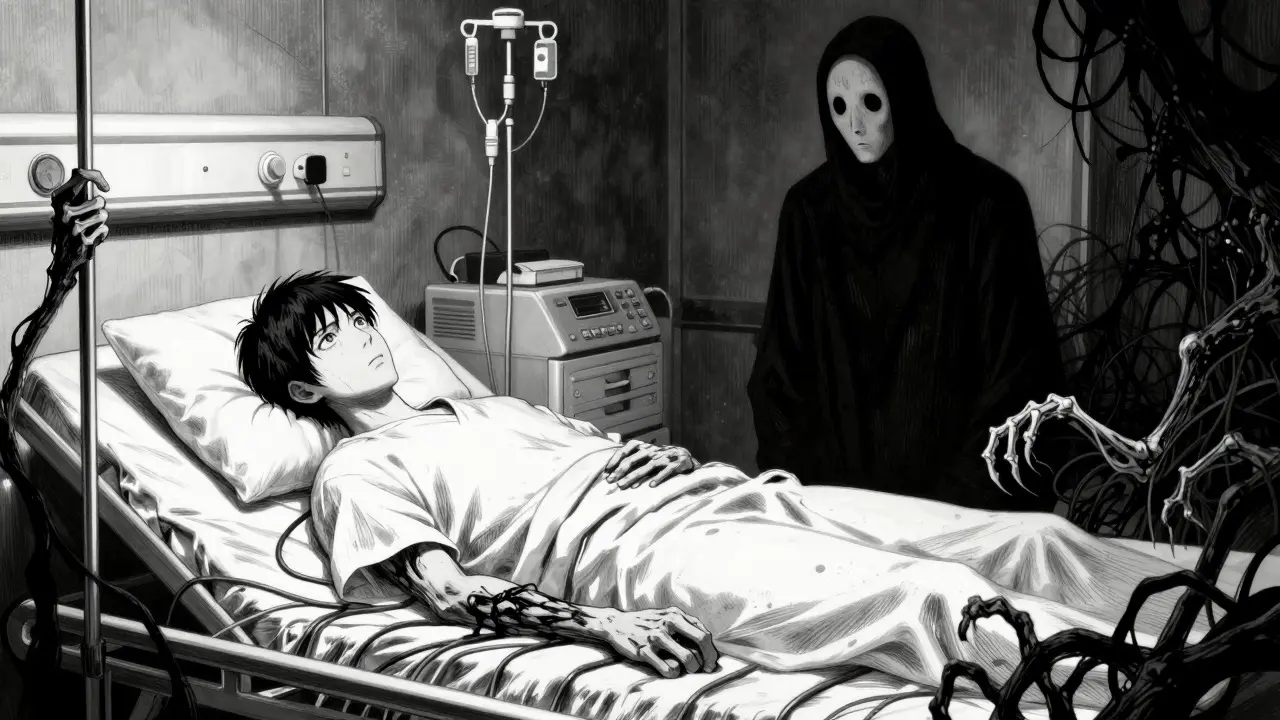 Junji Ito style: Hospital patient entangled by monstrous IV tubes in dark room