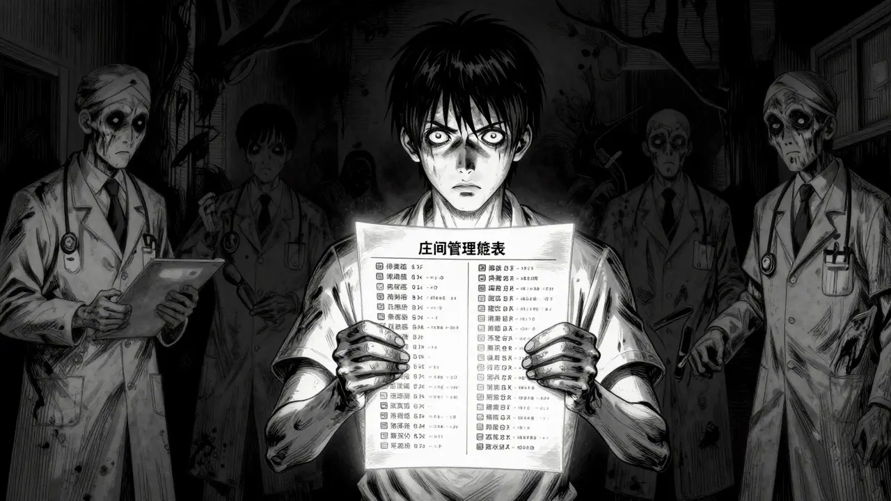 Patient holding a glowing medication list shield in Junji Ito style