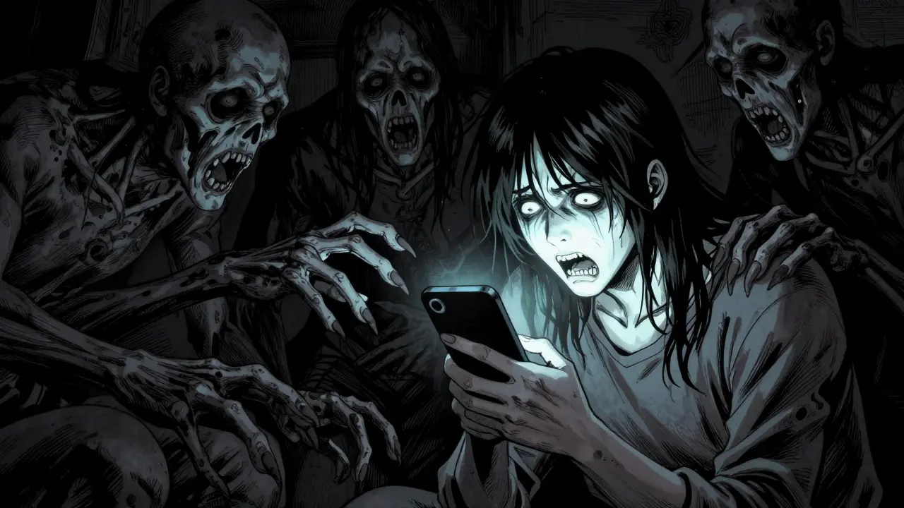 Person terrified by shadowy monsters representing unsafe online pharmacies