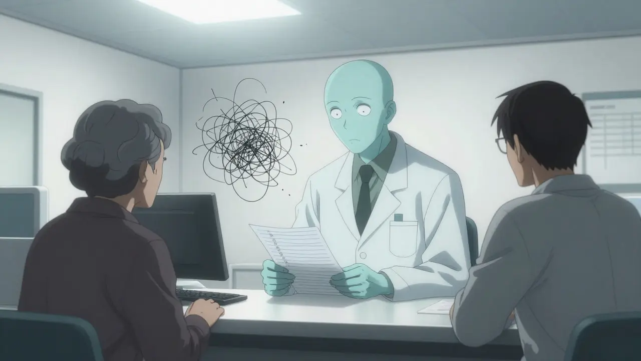 Pharmacist reviewing medication list for an elderly patient in a sterile room