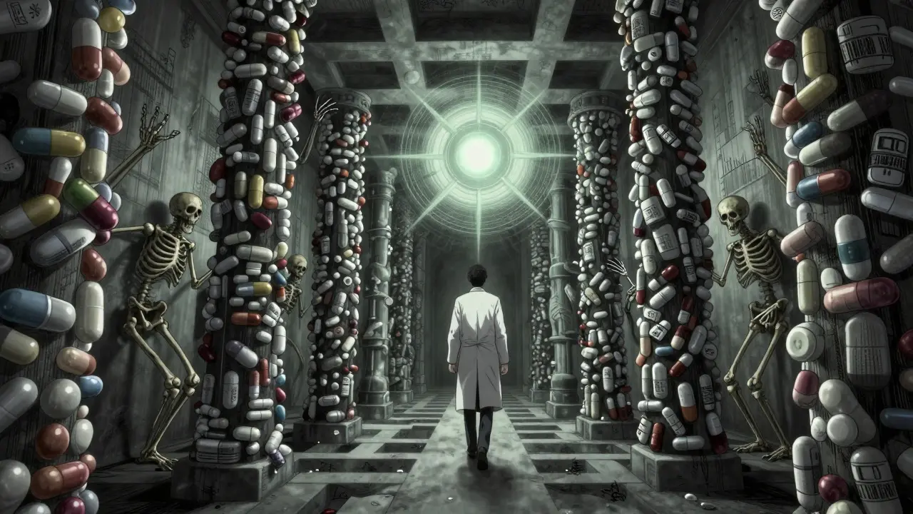 Physician navigating a labyrinth of complex drug regulations