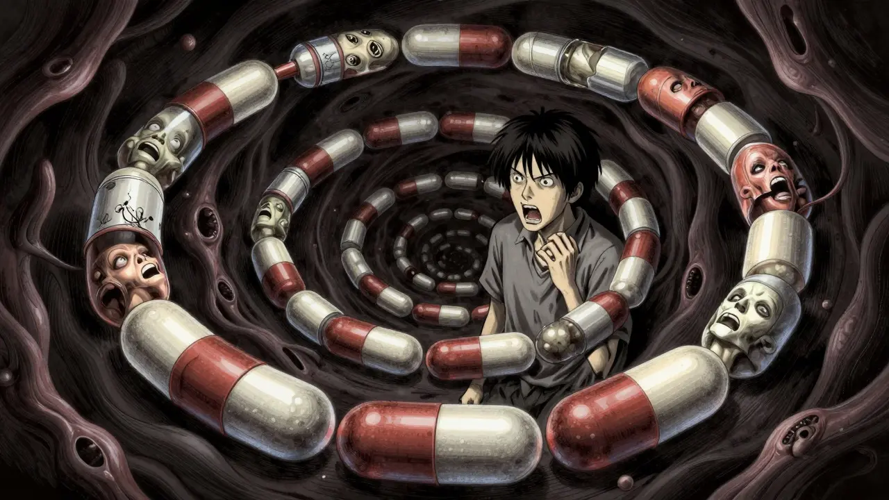 Spiral of grotesque pills trapping a patient in Junji Ito manga art