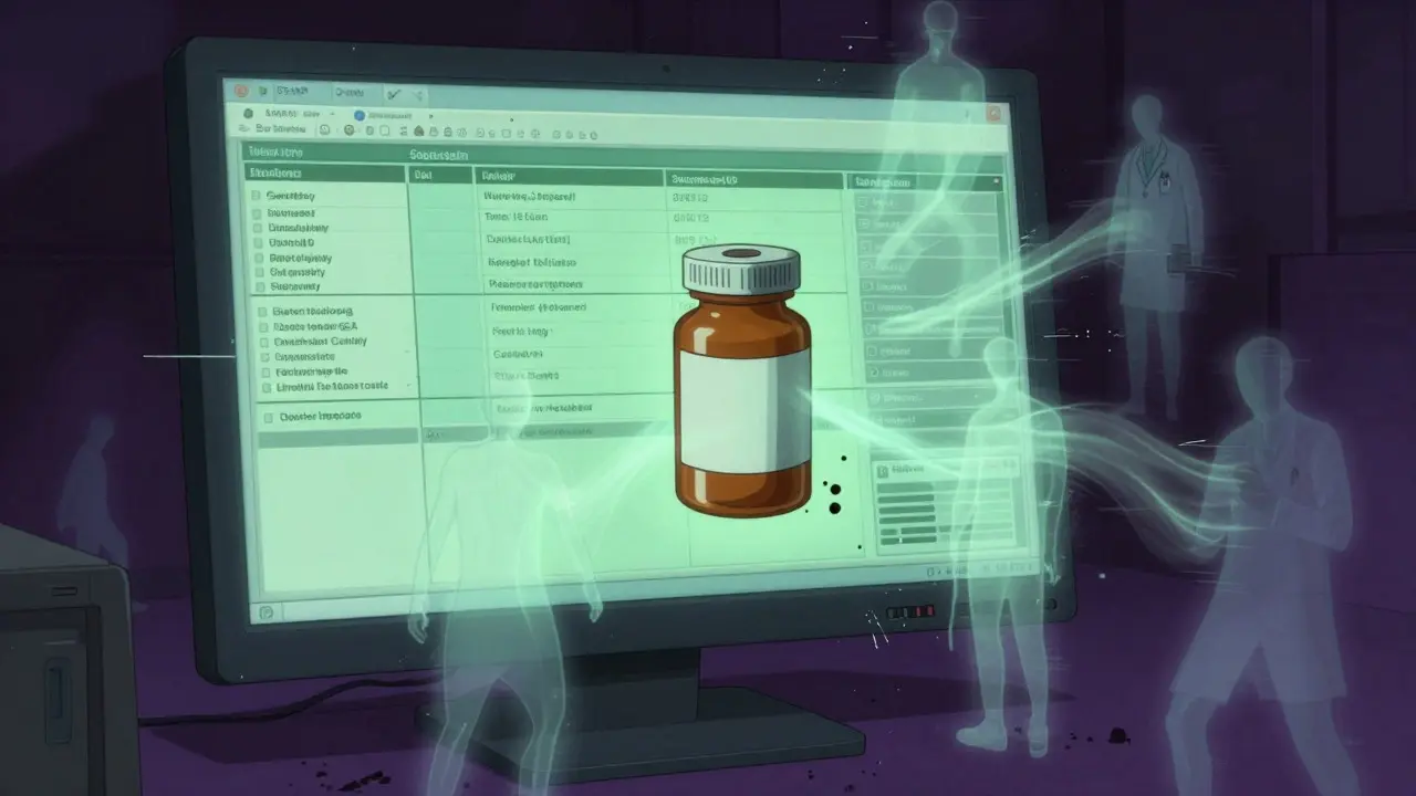 Surreal depiction of digital health data merging with ghostly patient figures around a pill bottle