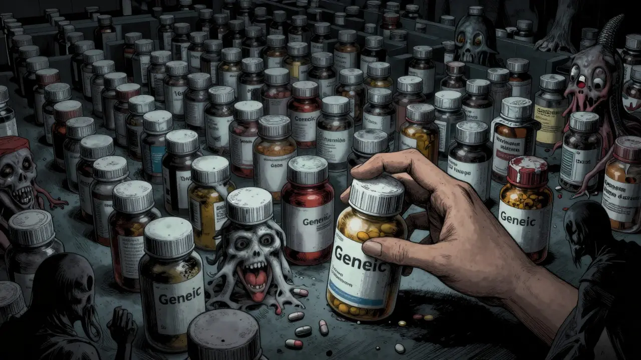 Surreal maze of pill bottles representing risky online pharmacies.