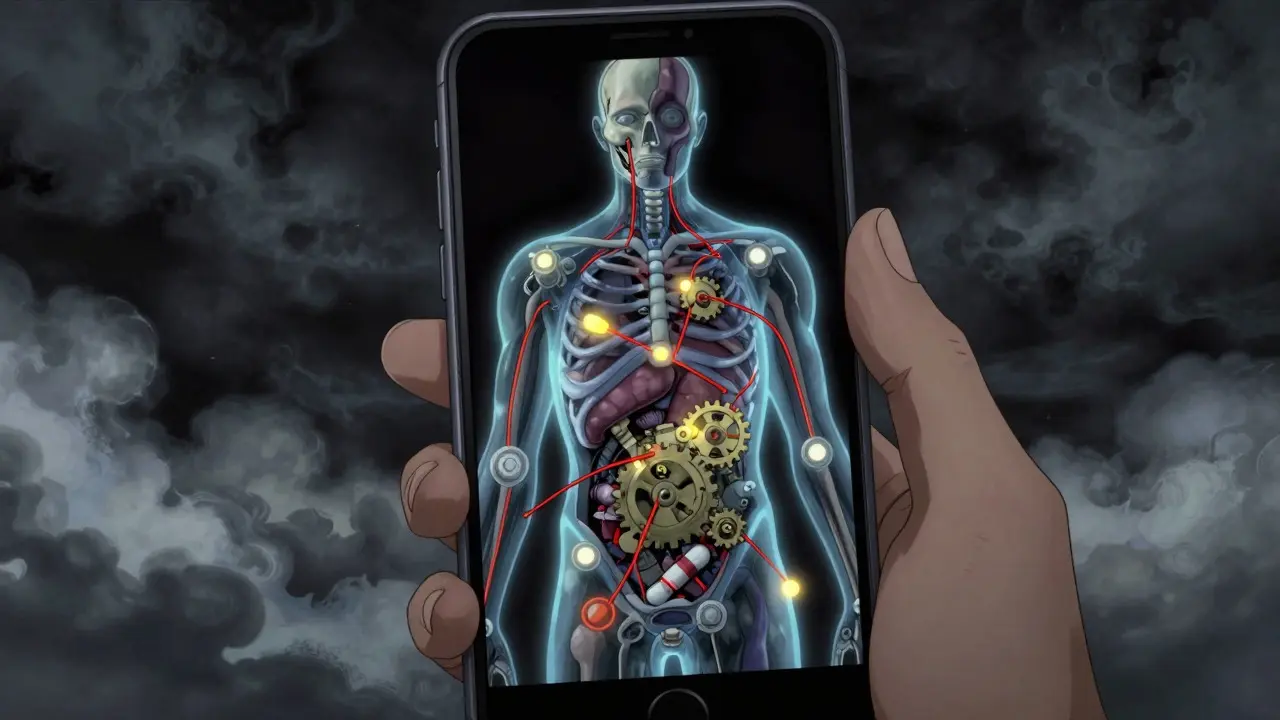 Surreal smartphone displaying a human body with glowing interaction points